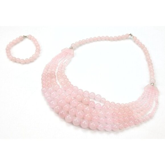 Graduated Pink Rose Quartz Beaded Bib Necklace & Bracelet Sterling Silver 925 - Picture 4 of 10